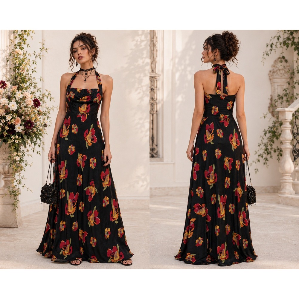 Whimsigoth Y2K Boho Romantic Wedding Silk 2000s Black Floral Halter Maxi 4 Dress